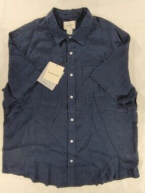 NEW THOM AARON 100% Linen Classic Fit Short Sleeve Button Front Shirt XL Blue
